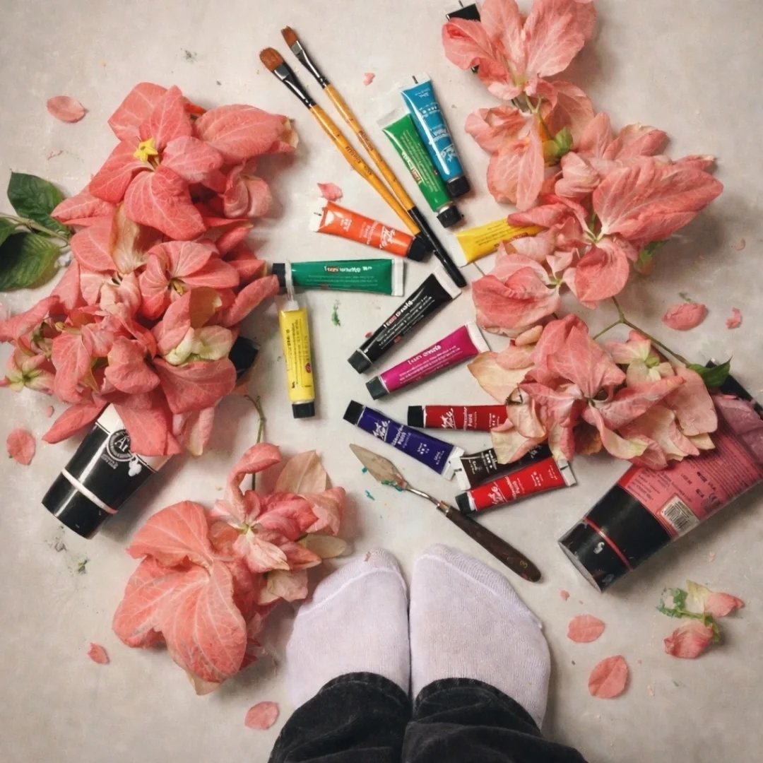 artquest.m — Artist at work surrounded by paint tubes and flowers