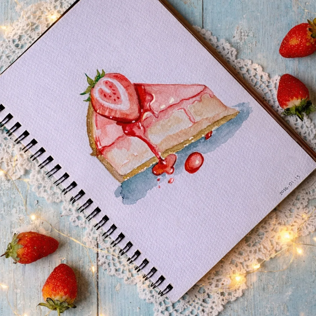 Watercolour strawberry cheesecake slice