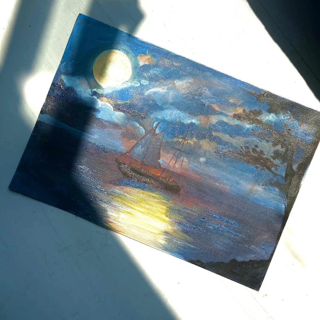 Moonlit ship seascape painting