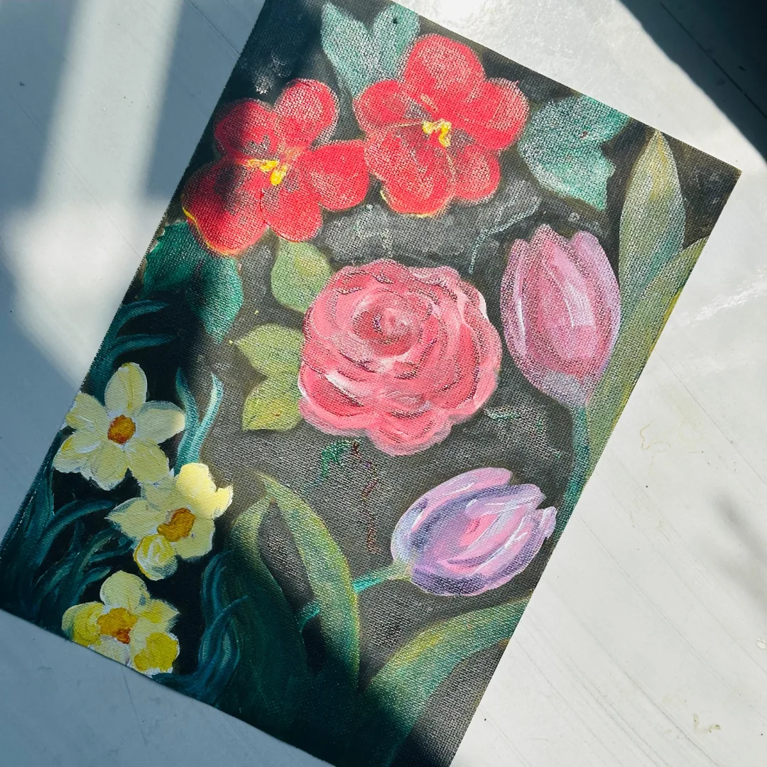 Flower garden painting roses and tulips